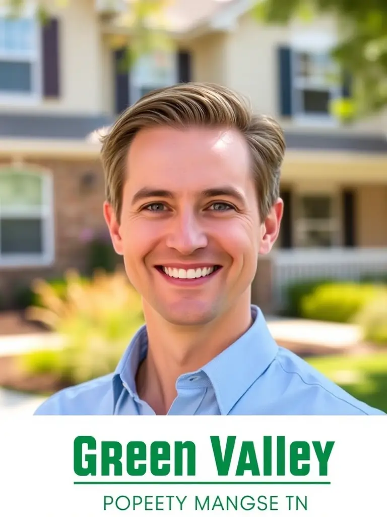 A professional headshot of the CEO of Green Valley Property Management, smiling confidently in front of a well-maintained residential property.