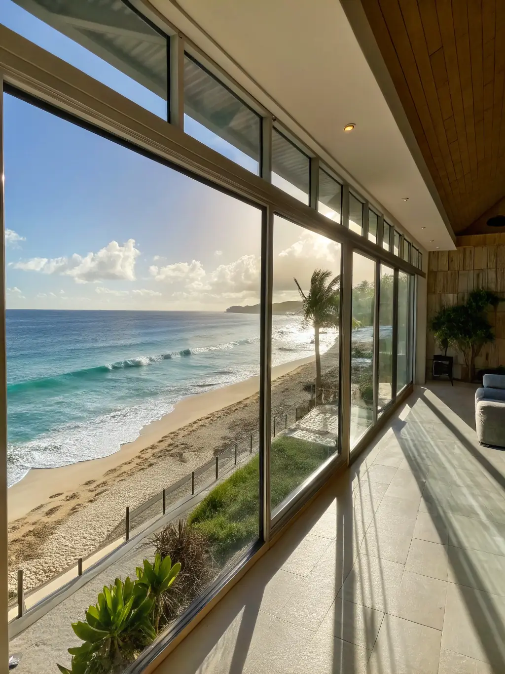 A beautiful beachfront property managed by Coastal Realty Management, with clear blue skies and ocean views.