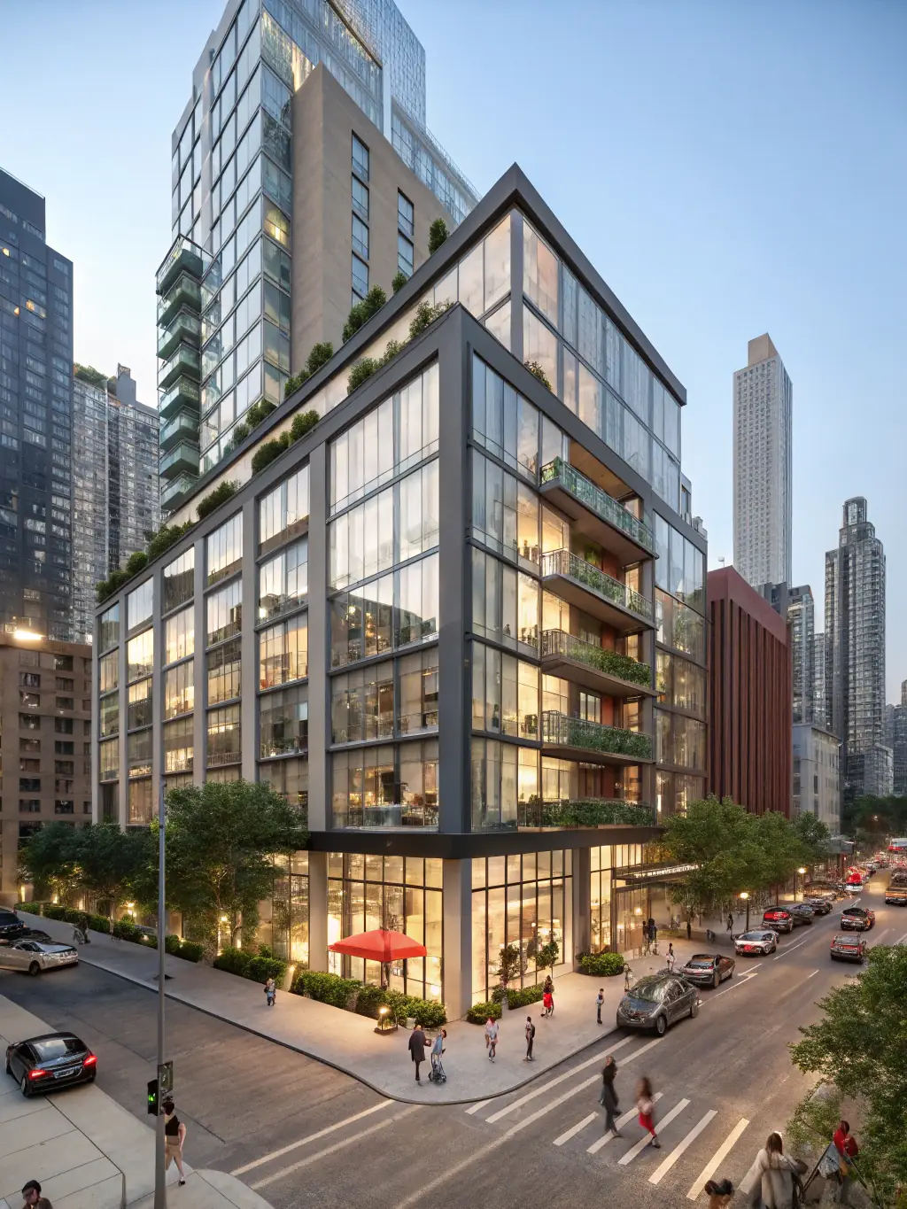 A modern apartment building in a bustling city center, representing Urban Living Solutions' focus on urban properties.