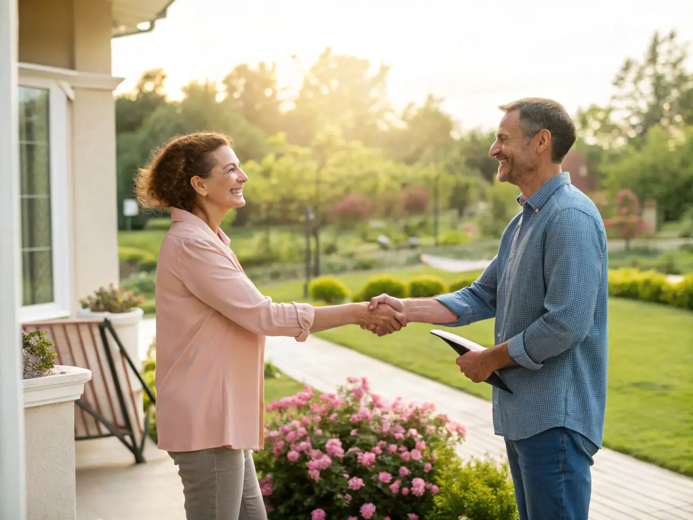 A landlord shaking hands with a property manager, symbolizing a successful partnership facilitated by Landlord Link.